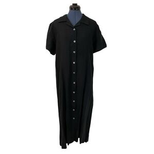 Vtg Match Black Linen Button up Midi Shirt Dress Minimalist Capsule Beach Boho L